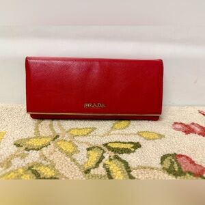 PRADA Metal Bar Flap Saffiano Red Leather Bifold Long Wallet Purse